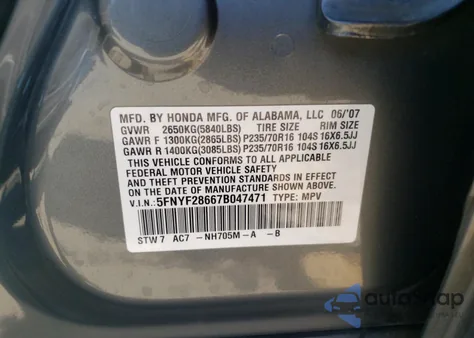 2007 Honda Pilot Exl from USA, damaged, VIN 5FNYF28667B047471